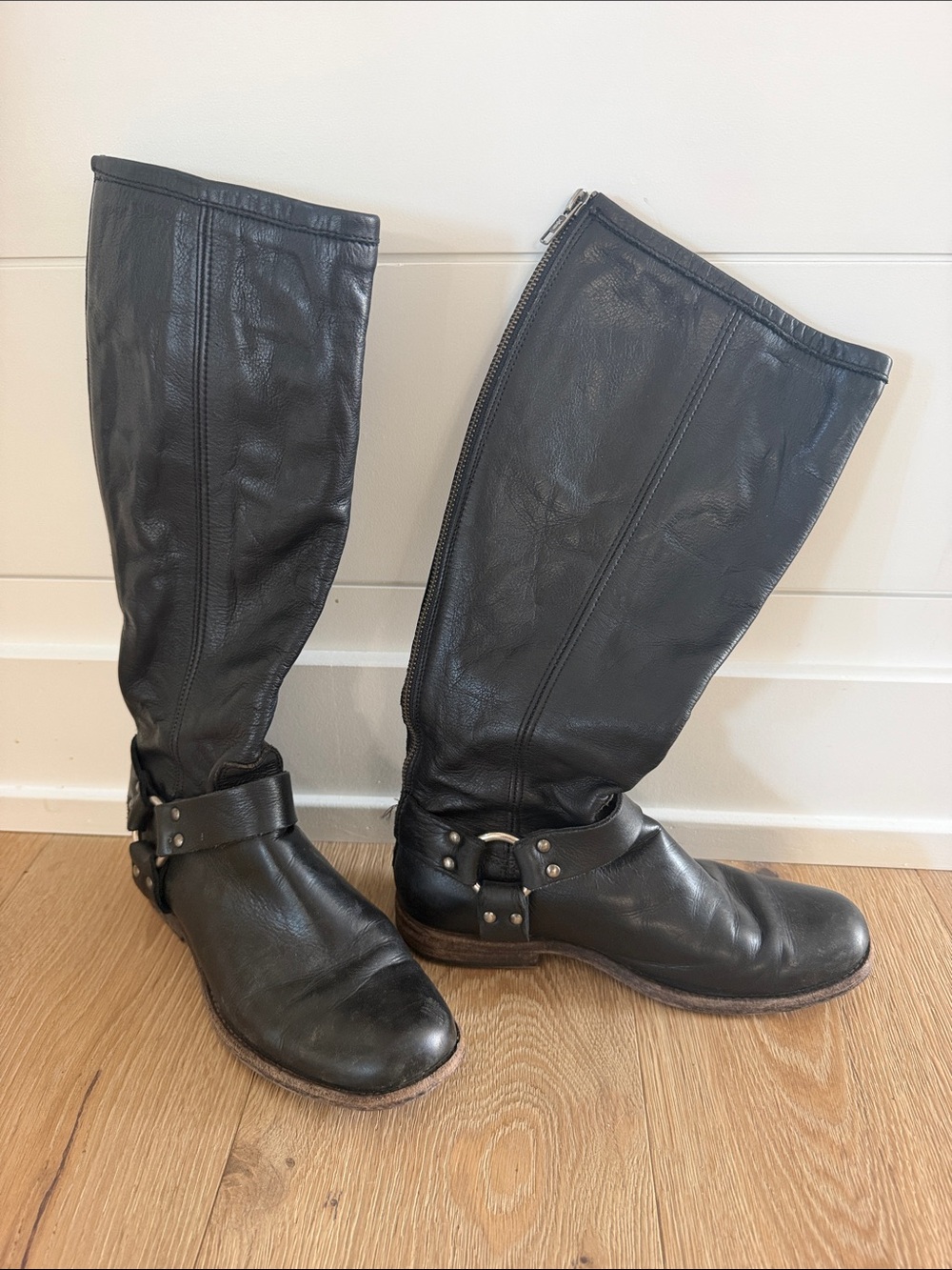 Frye Black Philip Harness Leather Knee-High Boots